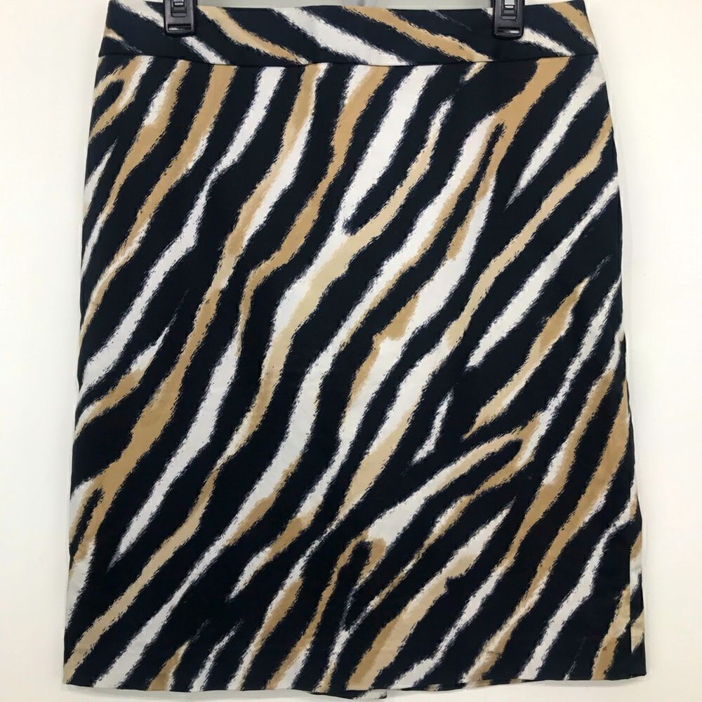 Talbots Petites Black Tan Animal Print Cotton Stretch Statement Skirt